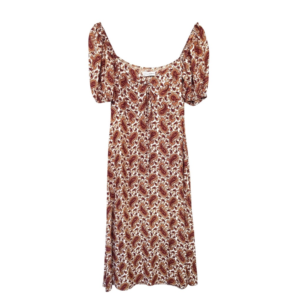 Faithfull The Brand Puff Sleeve Paisley Midi Dress 6 Brown Boho Cottagecore